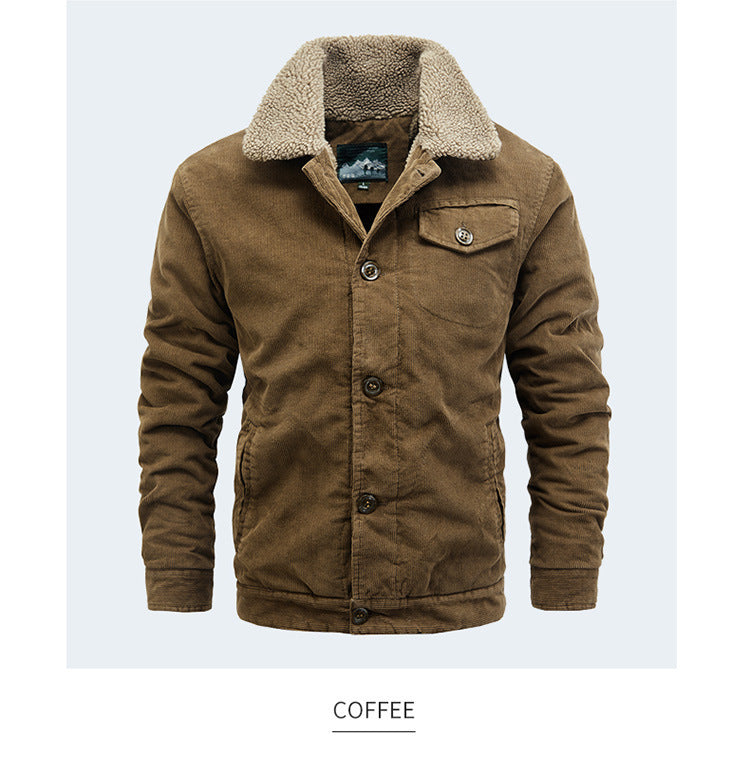 Men's Casual Jacket Corduroy Fur Collar Thermal and Windproof Fleece-lined Solid Color Button Design