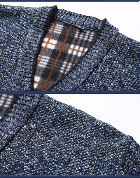 Men's Knitted fleece-lined Cardigan V-neck Knitted Sweater for Middle-aged and Elderly Business Casual Sweater