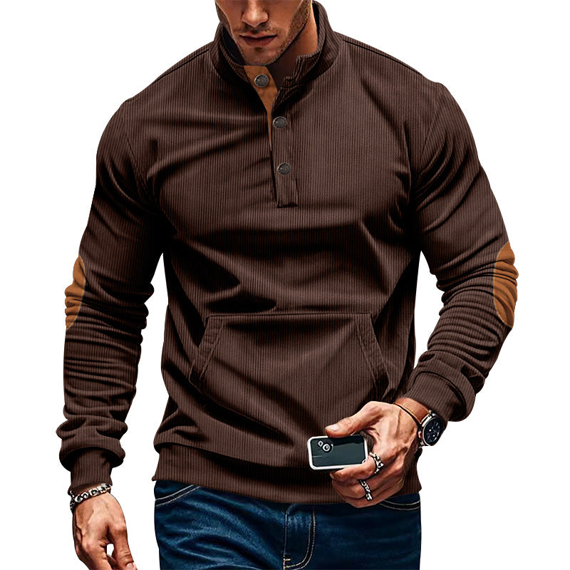 Corduroy Sweatshirts for Men Vintage Casual Long Sleeve Stand Collar Button Up Pullover Sweatshirts with Elbow Patches