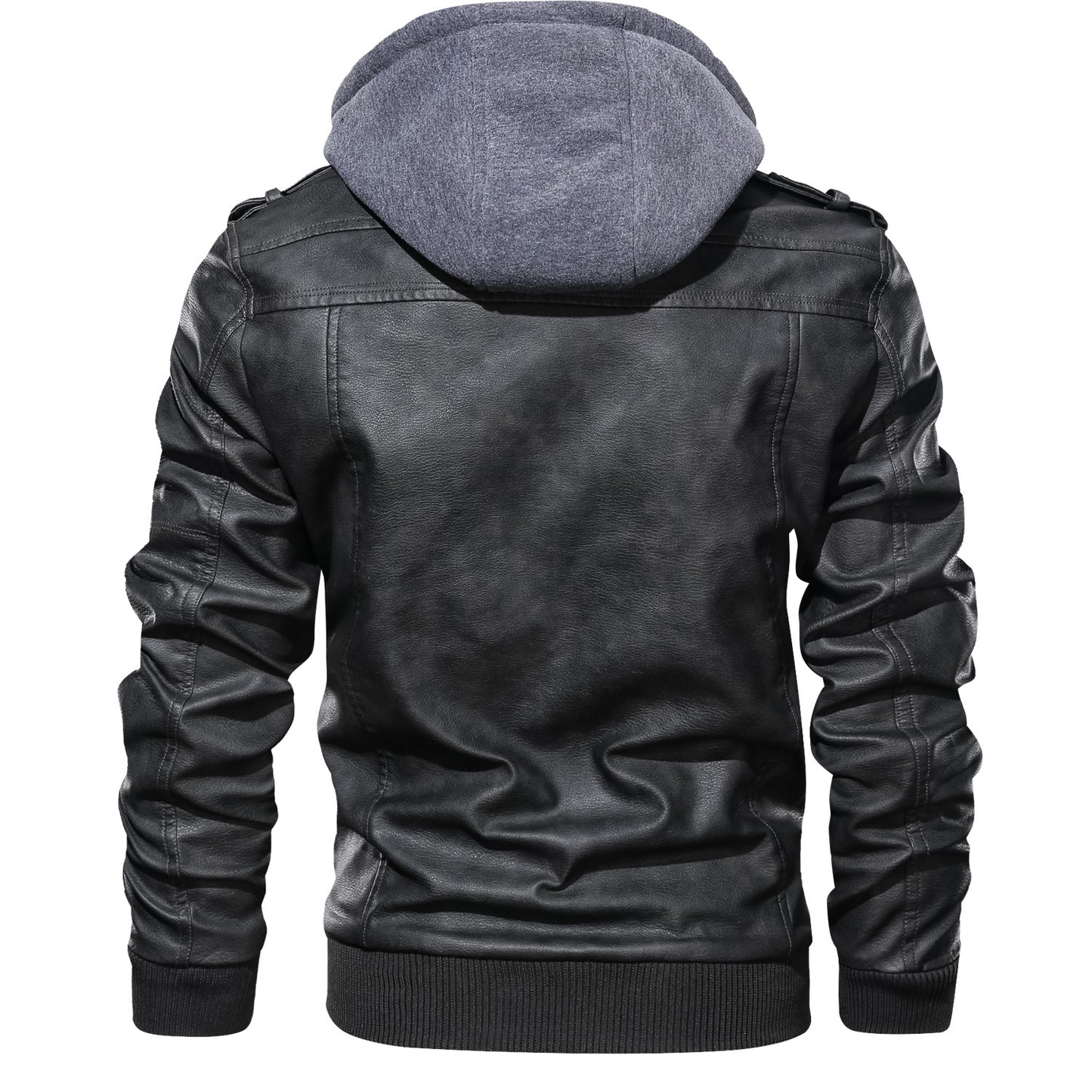 Men's PU Leather Hooded Retro Biker's Coat Windproof Stand Collar Handsome Design Double Layer Zipper Thermal and Windproof