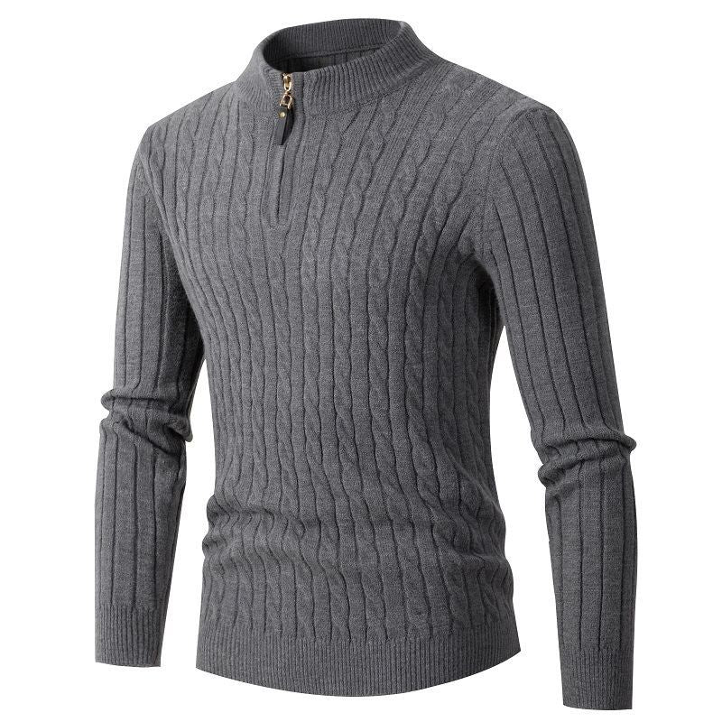 Men's knitted sweater half zip solid color stand collar plaid thick warm M-3XL