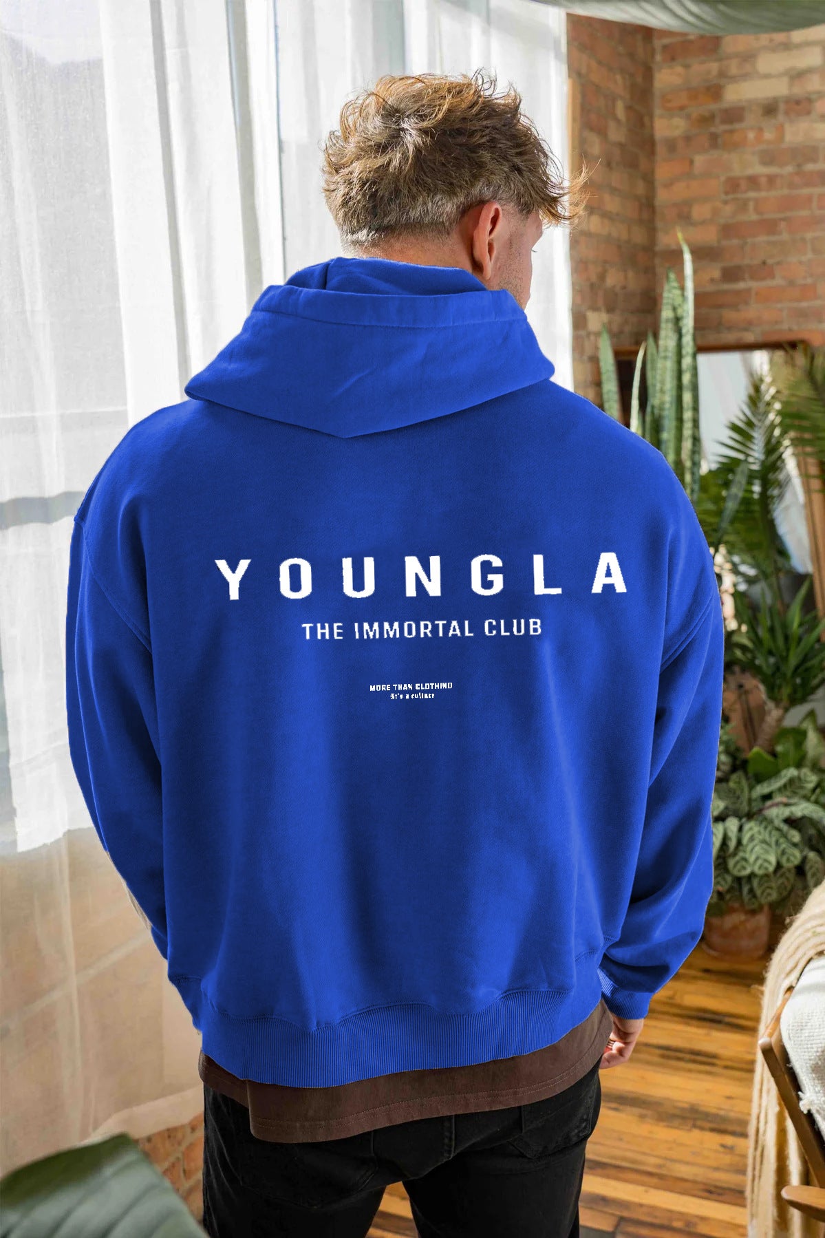 Youngla Men's Oversized Pullover Hoodie Double-Layer Composite Fabric Printed Jacket Sports Fitness Sweatshirt