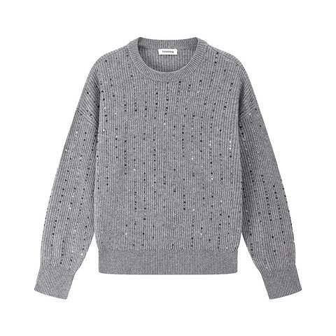 Women's Knit Sweater Gray Round Neck Long Sleeve Beaded Wool Pullover Sweater