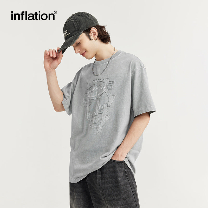 Men's T-shirts INF men's clothing | washing water afffixed cloth embroidered spring and summer New loose azut dyed personality Street short sleeve