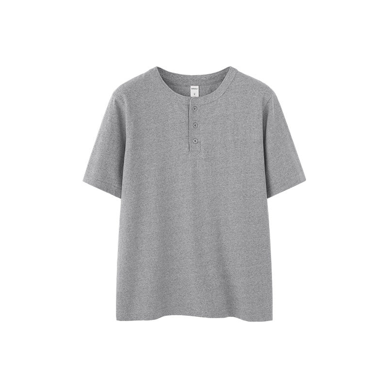 Men's T-shirt Heavy Hemp Cotton Henry Collar Spring and Summer 250G American Casual round Neck Bottoming Shirt