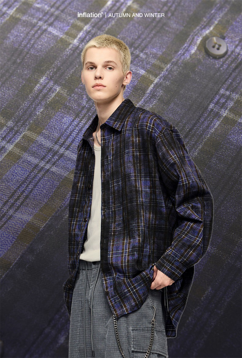 Men's Shirts New Dirty Dyed Plaid Shirt New Wasteland Style Dirty Fit Loose Plaid Shirt