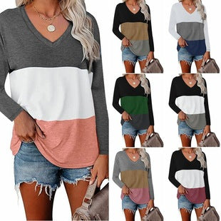 Women's Spring Summer Waffle Knit Crew Neck Patchwork Pullover Long Sleeve T-Shirt Casual Loose Top