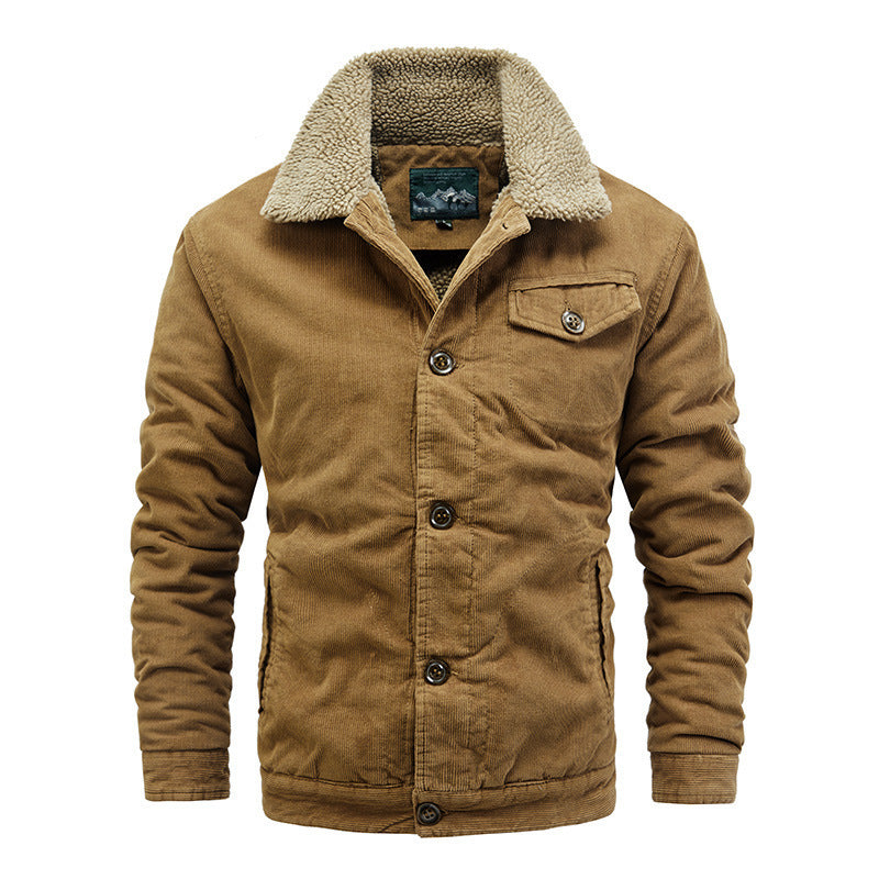 Men's Casual Jacket Corduroy Fur Collar Thermal and Windproof Fleece-lined Solid Color Button Design