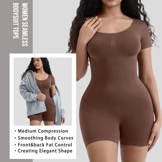 Slimming Bodysuit for Women – Seamless Waist-Shaping Short Sleeve Jumpsuit, Form-Fitting One-Piece Romper, Trendy Slim Fit Outfit