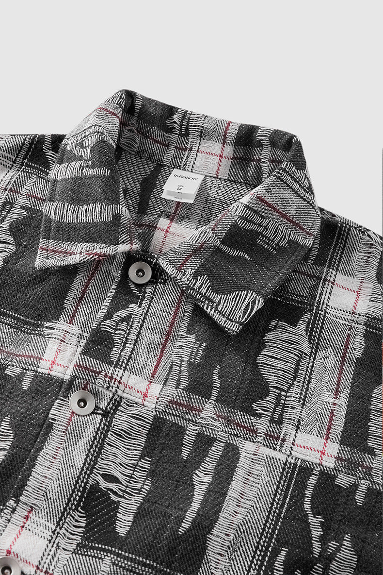 Men's Shirts New Ripped Plaid Shirt New Trendy Loose Casual Long Sleeve Shirt