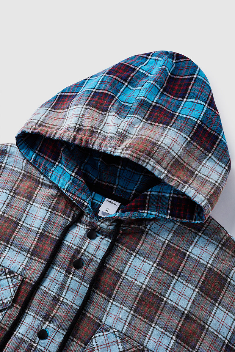 Men's Shirts New Faded Hooded Plaid Shirt New Trendy Loose Gradient Faded Shirt