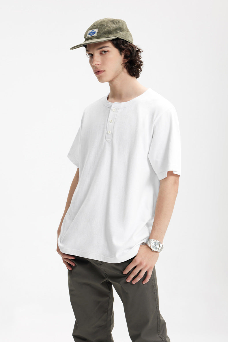 Men's T-shirt Heavy Hemp Cotton Henry Collar Spring and Summer 250G American Casual round Neck Bottoming Shirt