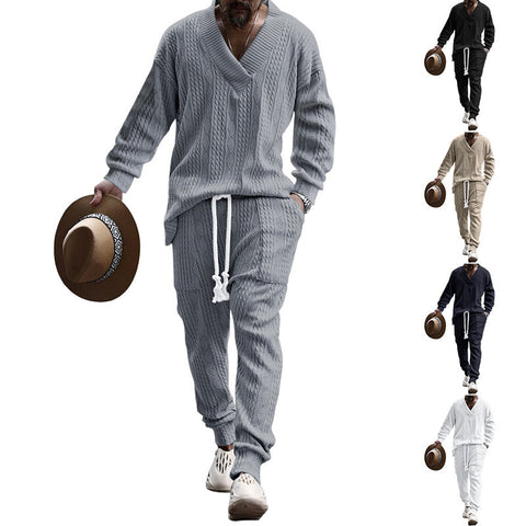 Men's Sweatshirt - New Casual Long Pants V-neck Versatile Jacquard Knit Sweater Autumn Set