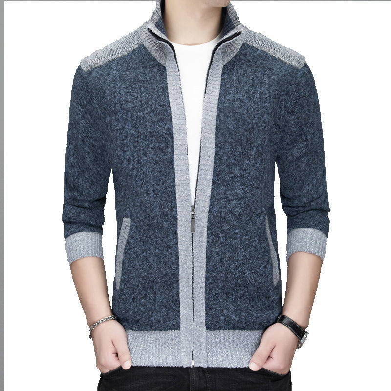 Men's knitted sweater zipper cardigan patchwork color warm M-3XL