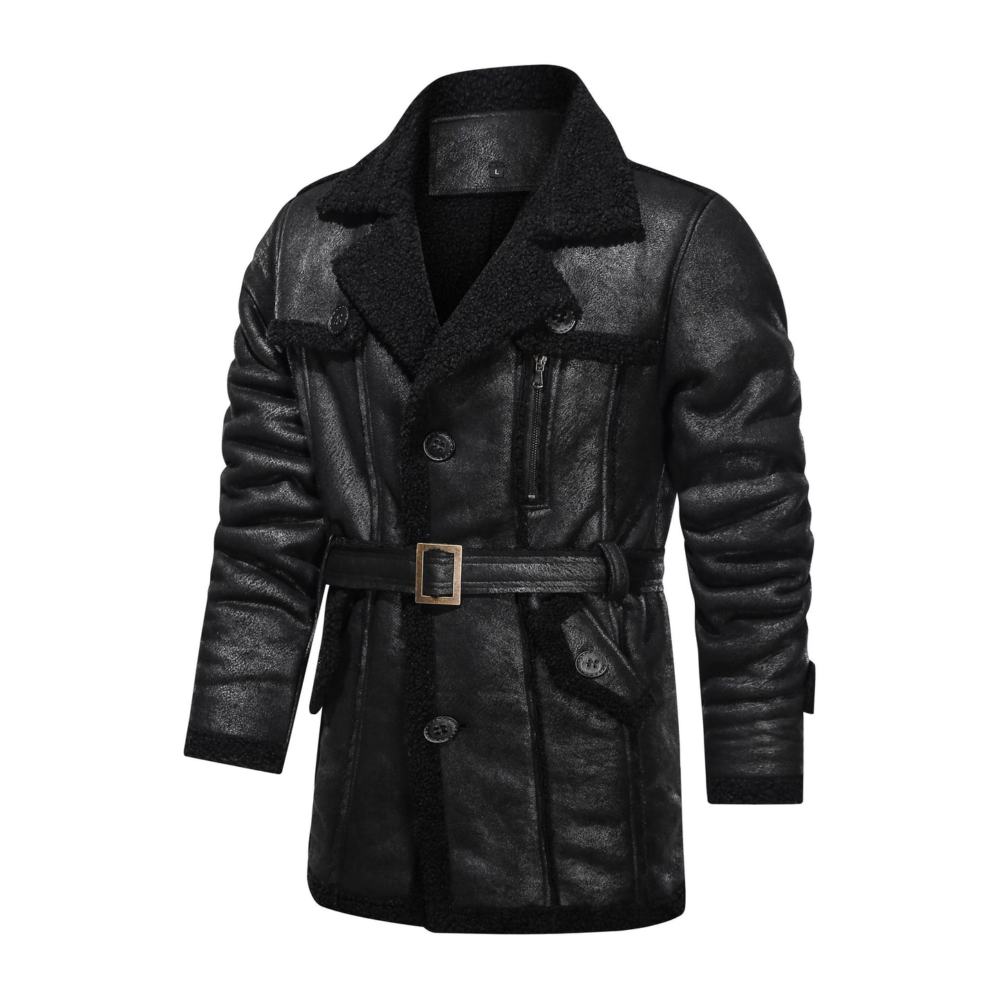 Men's PU Leather Coat Mid-Length Fur All-in-One Leather Jacket Lapel Belt Casual Imitation Leather Clothing Fashion