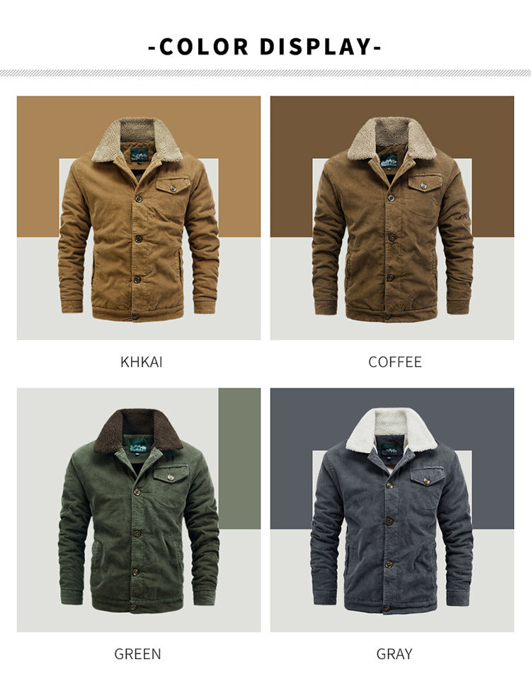 Men's Casual Jacket Corduroy Fur Collar Thermal and Windproof Fleece-lined Solid Color Button Design