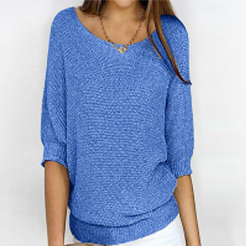 Women's Solid Color Crew Neck Knit Top – Elegant 3/4 Sleeve Blouse for Work & Casual Wear