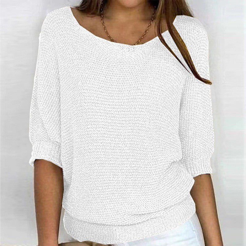 Women's Solid Color Crew Neck Knitted Sweater Lightweight 3/4 Sleeve Pullover Air-Conditioned Cardigan Top Plus Size