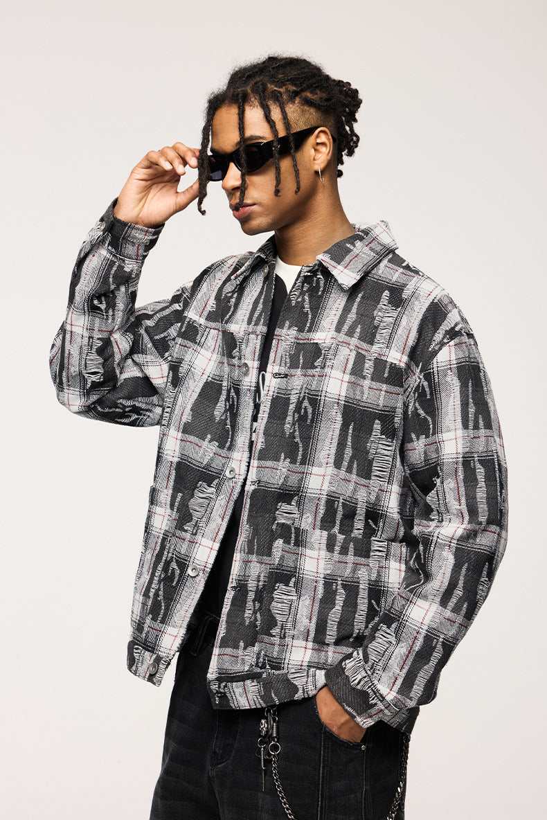 Men's Shirts New Ripped Plaid Shirt New Trendy Loose Casual Long Sleeve Shirt