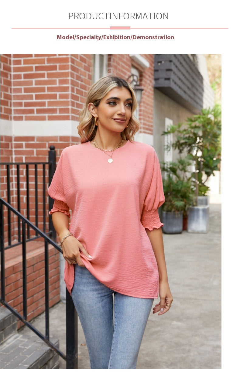 Women's Loose Plus Size Solid Color Pleated Crew Neck Top Summer New