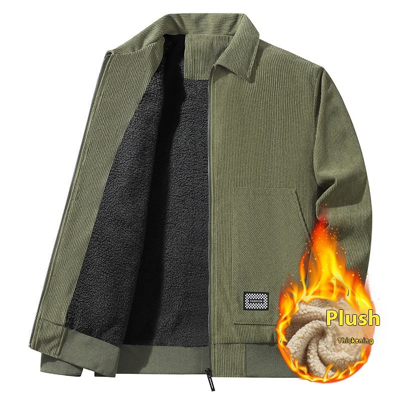 Fall/Winter New Men's Jacket Corduroy Polo Collar Solid Color Casual Middle-Aged Fleece Lined Thick Warm Jacket