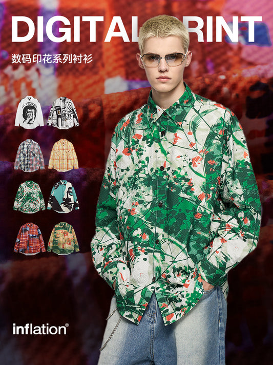 Men's shirts New|Digital Printed Bubble Gauze Shirt 2025 Spring New American Street Cardigan Turn-down Collar Long Sleeve