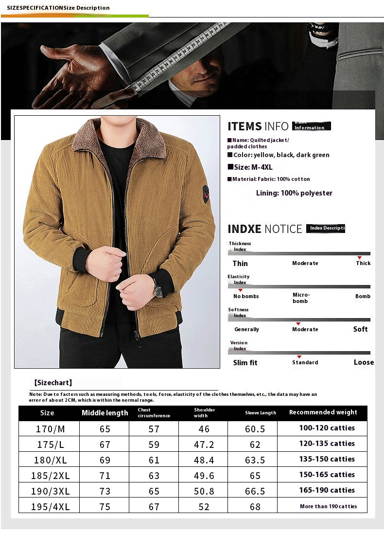 Men's Fashionable Jacket Casual plus Size Lapel Thickening Corduroy Cotton Coat Youth Jacket