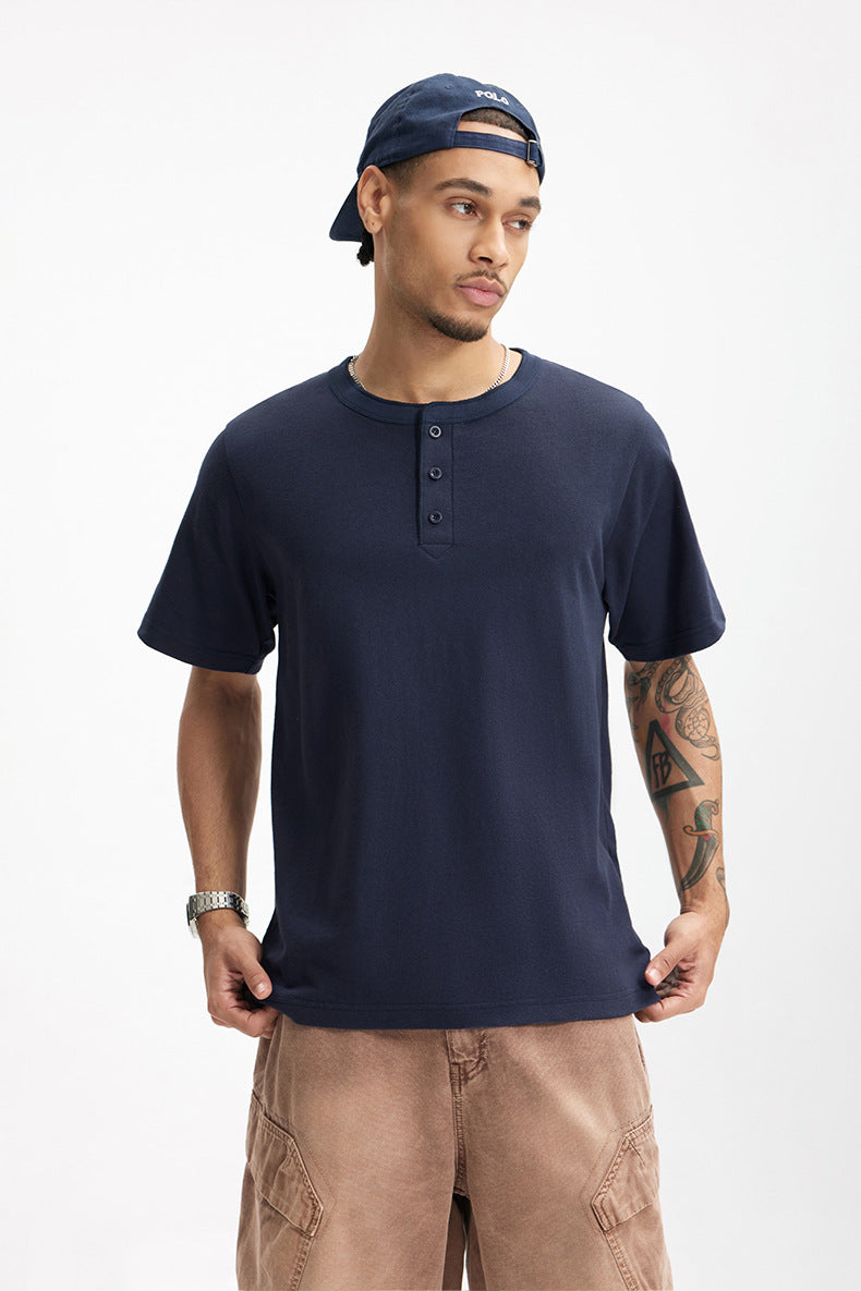 Men's T-shirt Heavy Hemp Cotton Henry Collar Spring and Summer 250G American Casual round Neck Bottoming Shirt