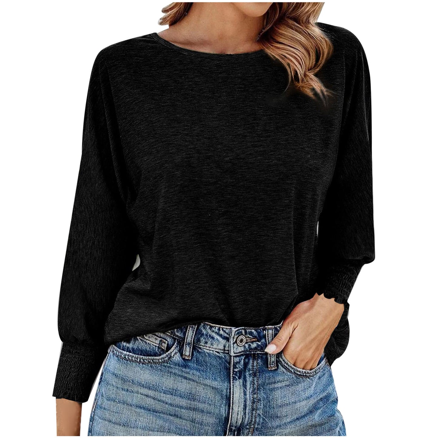 Plus size women's solid color crew neck loose long sleeve T-shirt casual basic top