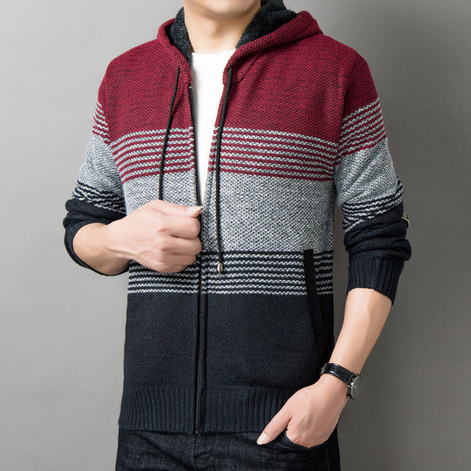 Men's knitted sweater with hood and zipper cardigan, stand-up collar, plaid, thick and warm, M-3XL