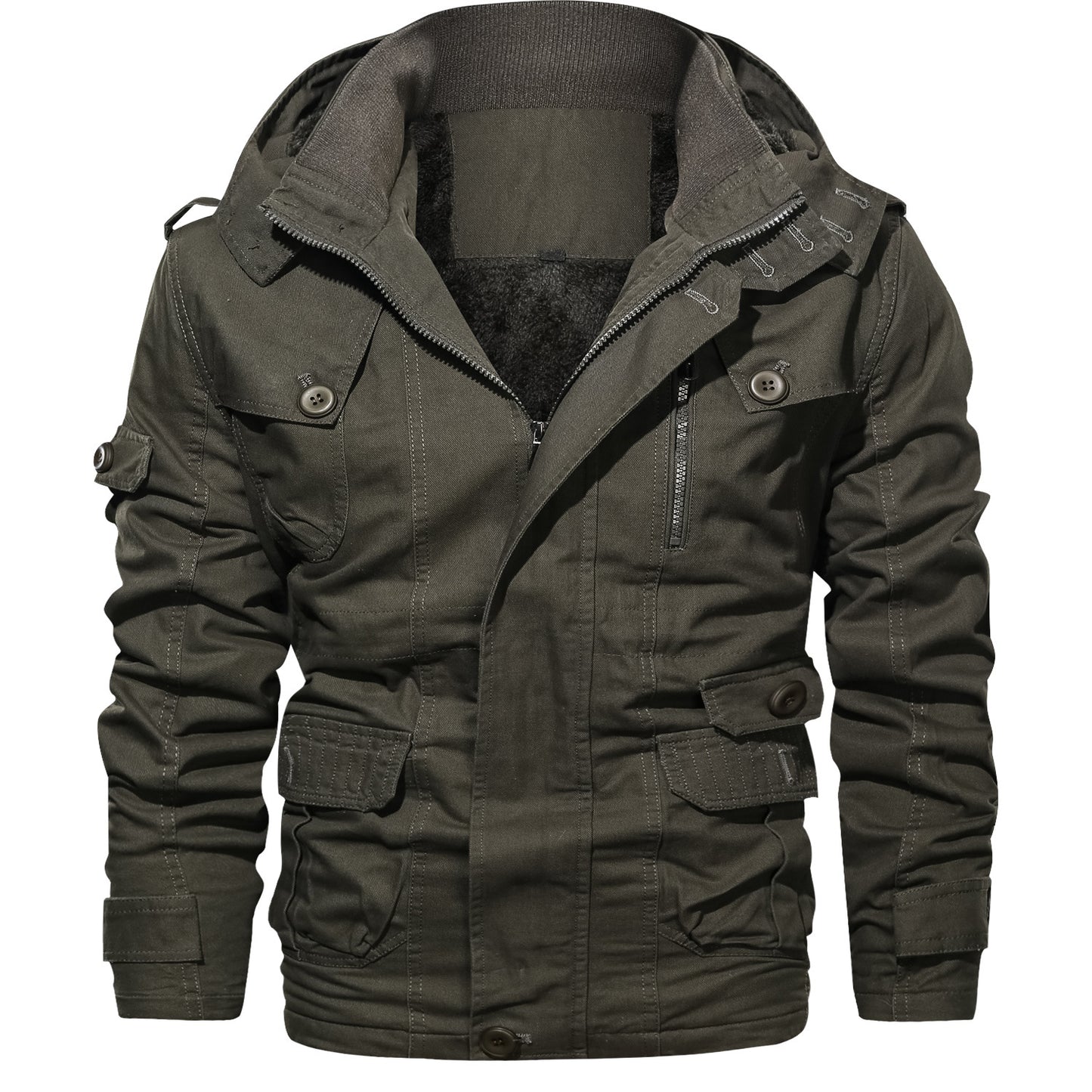 Outdoor Trendy Plus Size Men's Jacket Military Cotton Coat Fleece Lined Thickened Fashion Multi-Pocket Badge