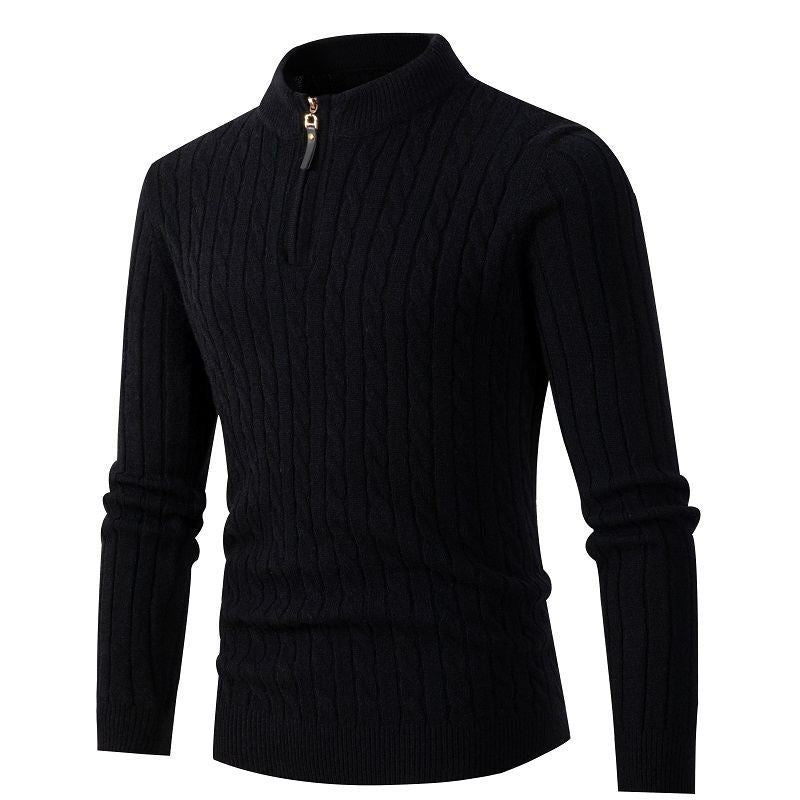 Men's knitted sweater half zip solid color stand collar plaid thick warm M-3XL