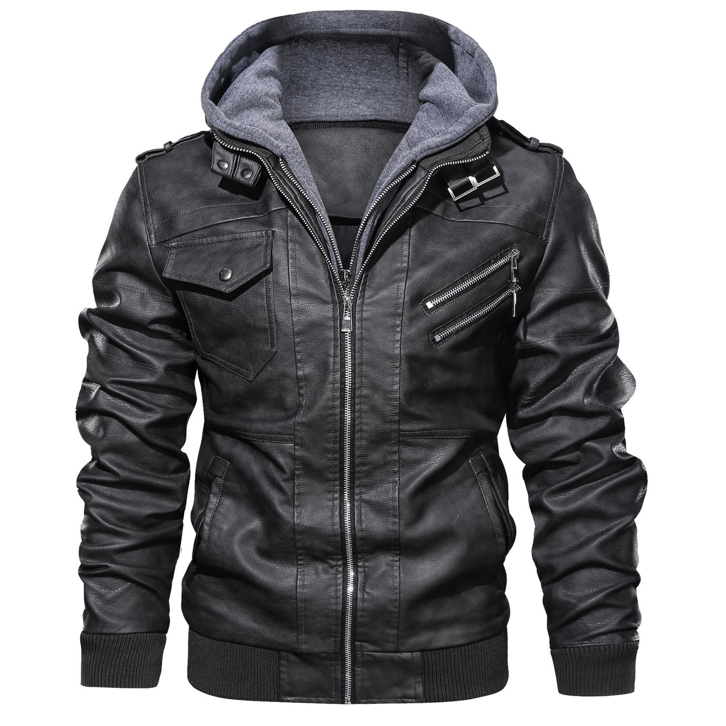 Men's PU Leather Hooded Retro Biker's Coat Windproof Stand Collar Handsome Design Double Layer Zipper Thermal and Windproof