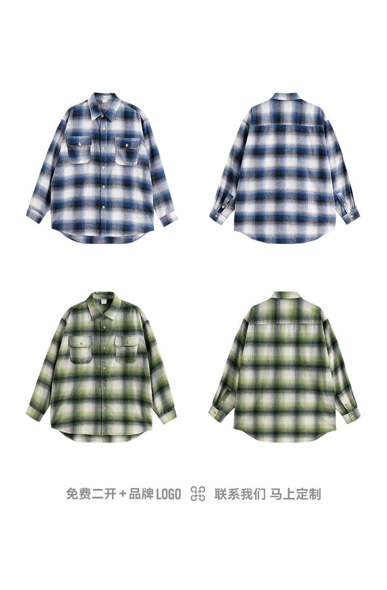 Men's Shirts New  Gradient Plaid Shirt Classic Retro Checkered Cotton Pocket Top