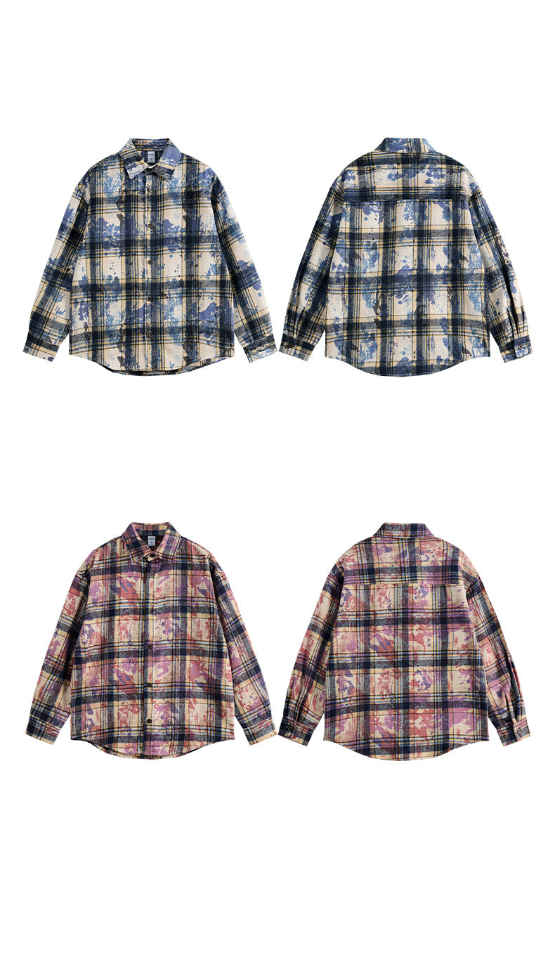 Men's Shirts New Splatter Plaid Shirt New Retro Trendy Casual Loose Long Sleeve Shirt