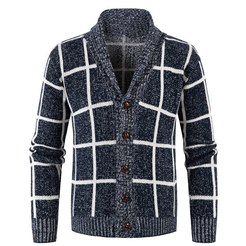 Men's knitted sweater zipper cardigan plaid thick warm M-3XL