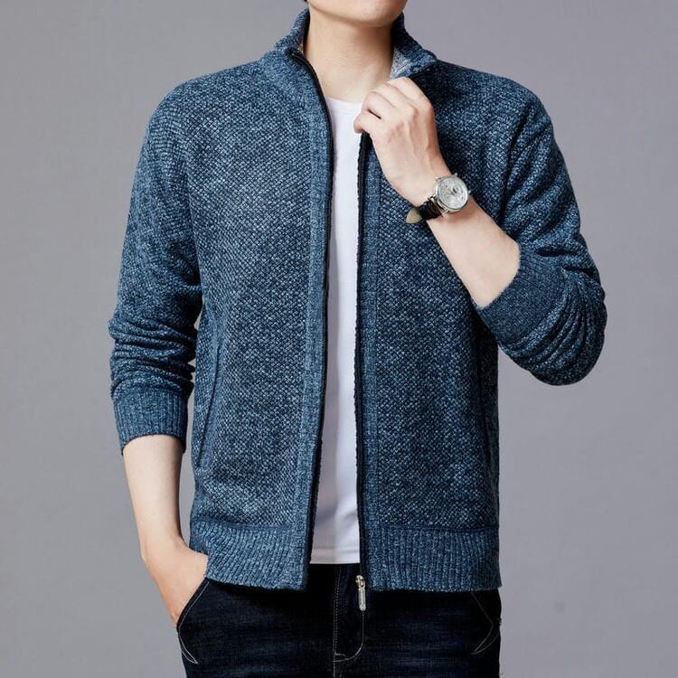 Men's knitted sweater zipper cardigan solid color stand collar plaid plus velvet warm M-3XL