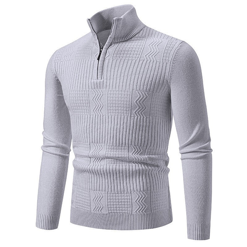 Men's knitted sweater with hood and half zipper cardigan, stand-up collar, plaid, thick and warm, M-3XL