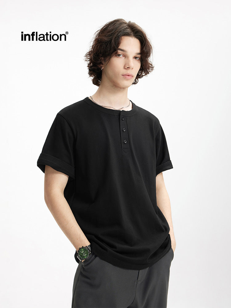 Men's T-shirt Heavy Hemp Cotton Henry Collar Spring and Summer 250G American Casual round Neck Bottoming Shirt