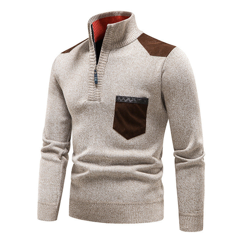 Men's knitted sweater with hood and half zipper cardigan, stand-up collar, plaid, thick and warm, M-3XL