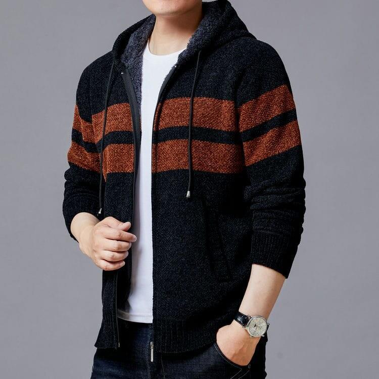 Men's knitted sweater with hood and zipper, solid color, plus velvet, warm, M-3XL