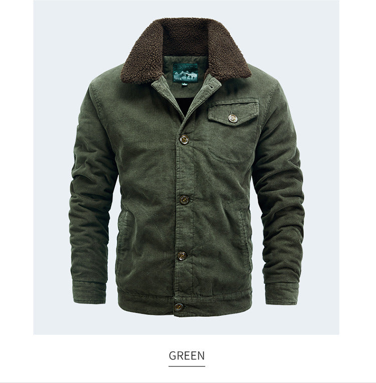 Men's Casual Jacket Corduroy Fur Collar Thermal and Windproof Fleece-lined Solid Color Button Design