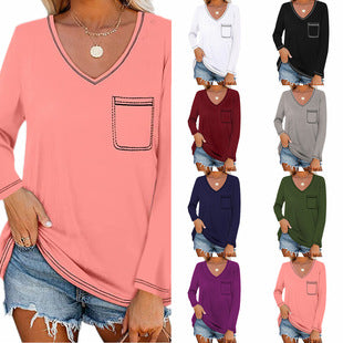 Women's Spring Summer Waffle Knit Crew Neck Patchwork Pullover Long Sleeve T-Shirt Casual Loose Top