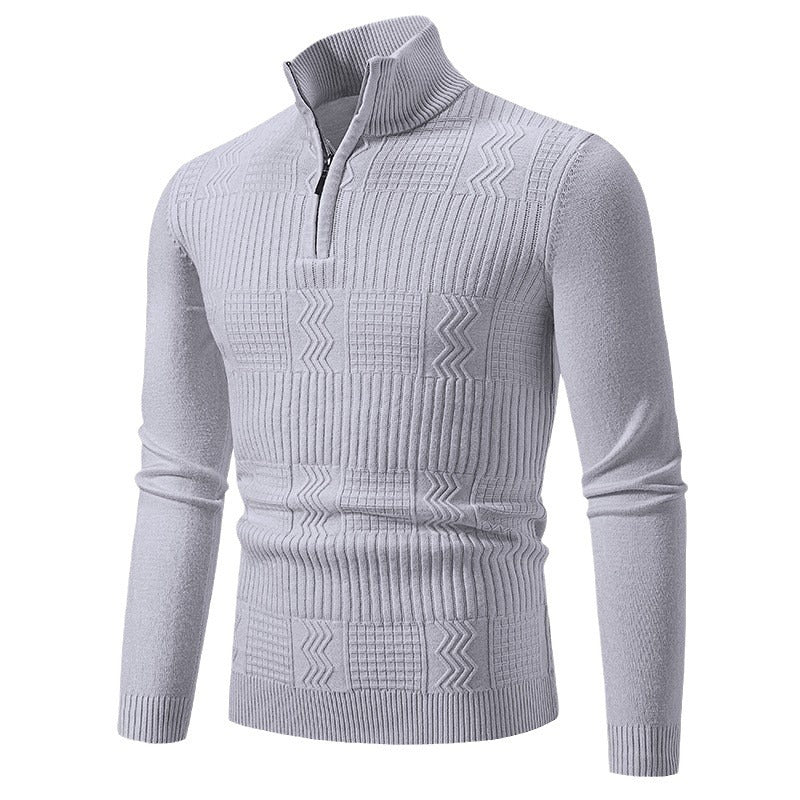 Men's knitted sweater with hood and half zipper cardigan, stand-up collar, plaid, thick and warm, M-3XL