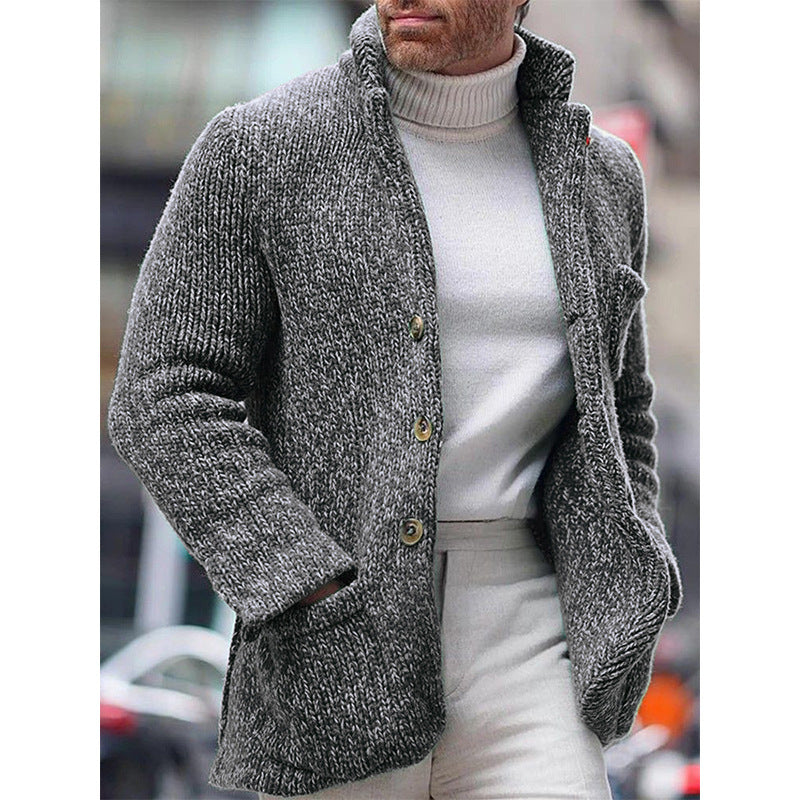 Men's knitted coat stand collar single breasted pocket cardigan sweater M-4XL