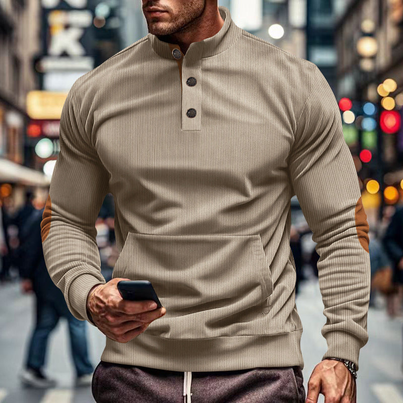 Corduroy Sweatshirts for Men Vintage Casual Long Sleeve Stand Collar Button Up Pullover Sweatshirts with Elbow Patches