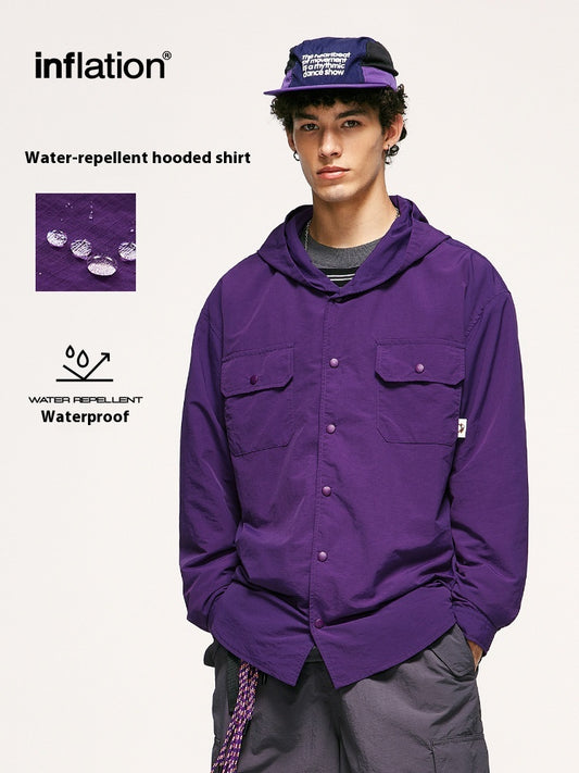 Men's Shirts New Fine Plaid Water-Resistant Workwear Hooded Shirt Trendy Brand New Loose Top