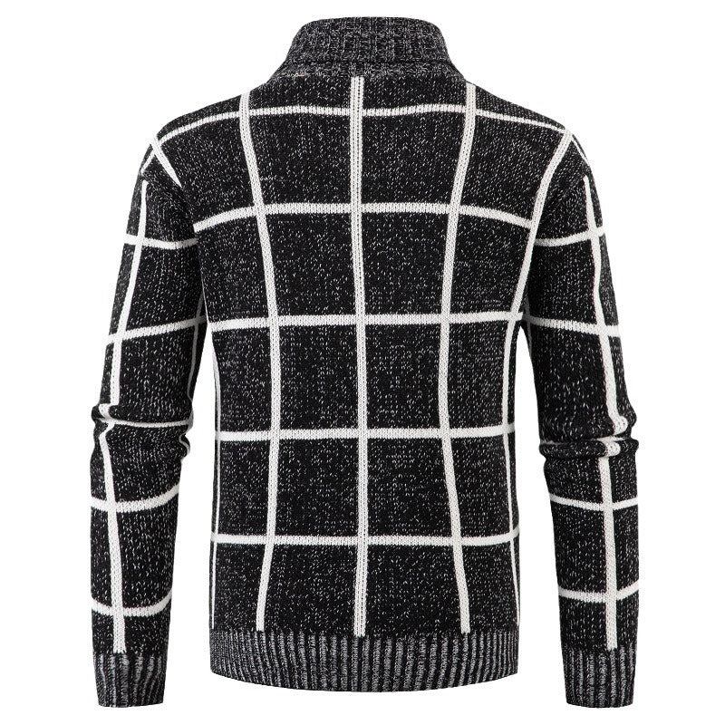 Men's knitted sweater zipper cardigan plaid thick warm M-3XL