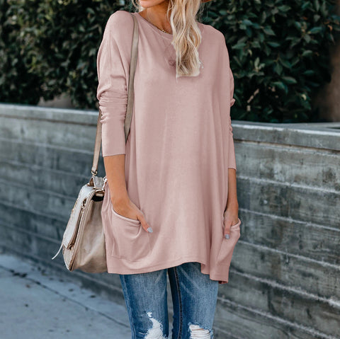 Women's Solid Color Knit Sweater: Round Neck, Long Sleeves, and Pockets