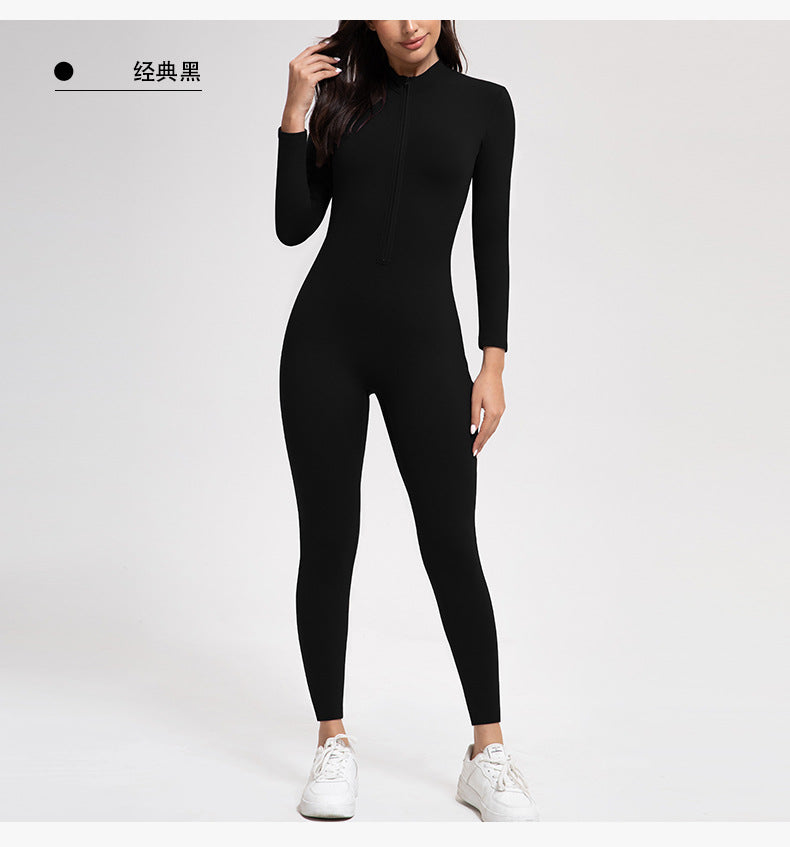 Yoga Pants Women Zipper Fleece-lined Yoga Jumpsuit High-Intensity Exercise Nude Feel Tights